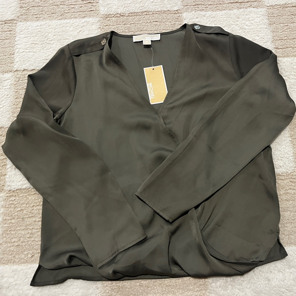 Michael Kors Olive Green V-Neck Button-Shoulder Blouse